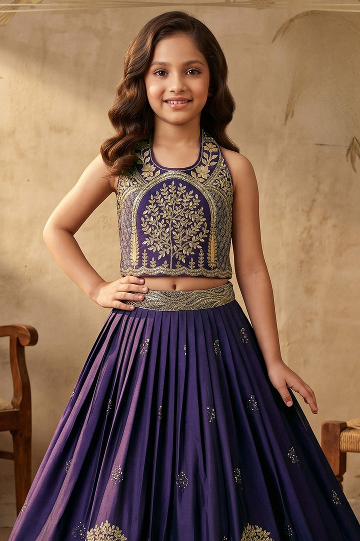 Royal Purple Halter Neck Girls Lehenga Choli with Gold Zari Embroidery and Sequins work