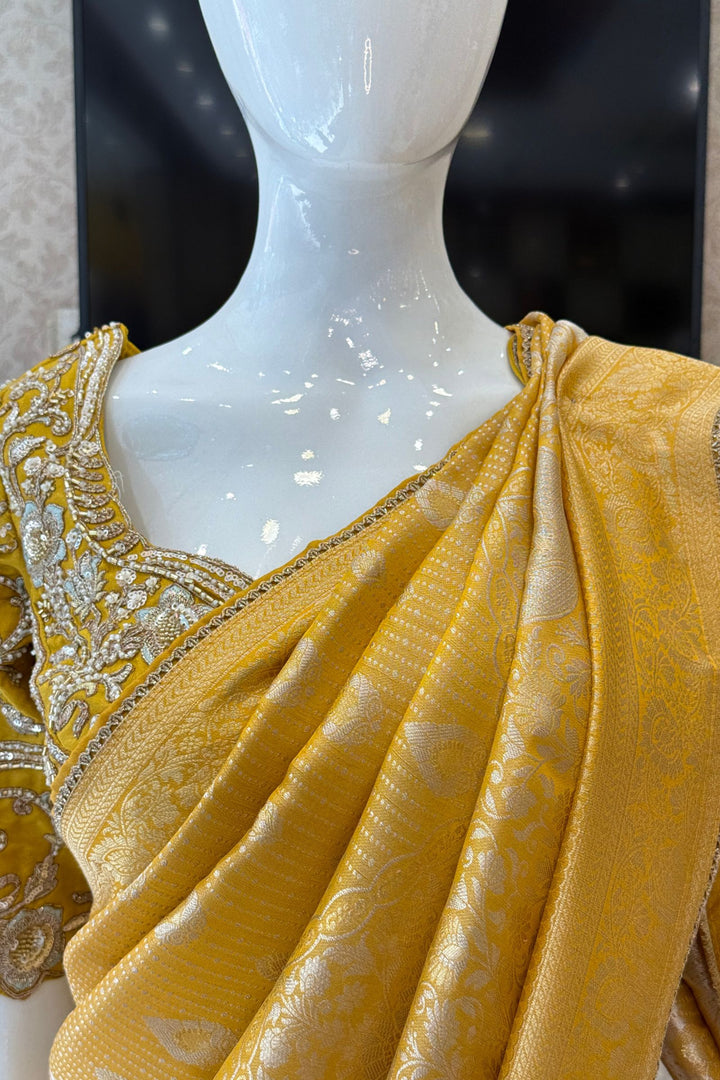 Yellow Zari work Saree with Pearl, Zardozi, Beads and Sequins work Readymade Blouse