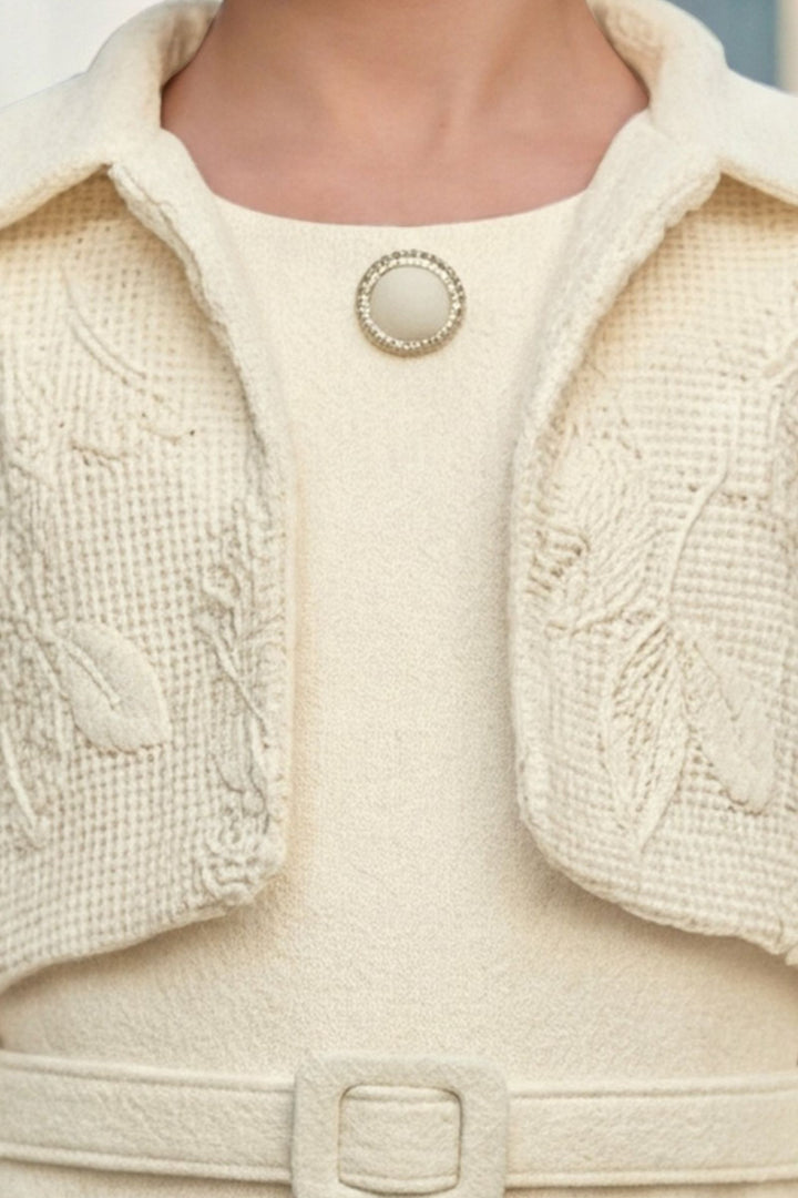 Cream Sequins, Stone, Thread and Zari Weaving work Jacket Styled Short Frock For Girls