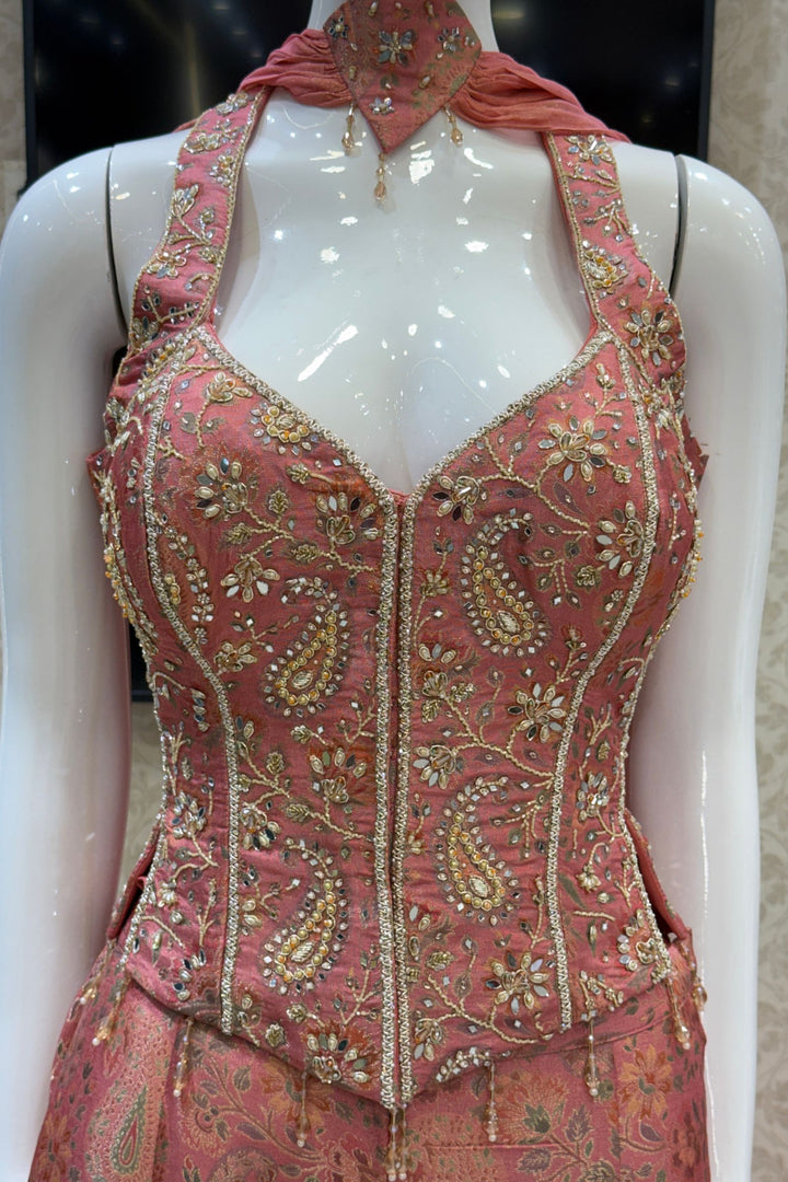 Peach Halter Neck Palazzo Salwar Suit with Multicolor Brocade and Sequins Detailing