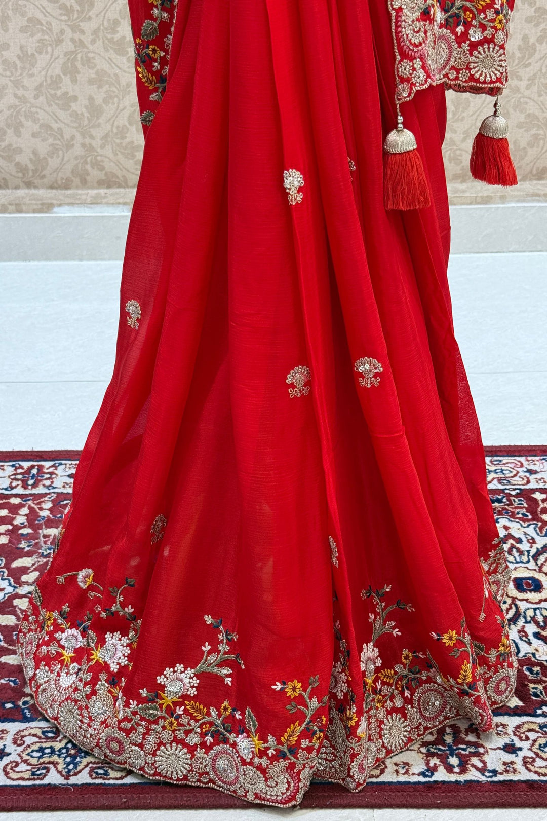 Red Saree with Multicolor Embroidery, Zari and Sequins Embellishments