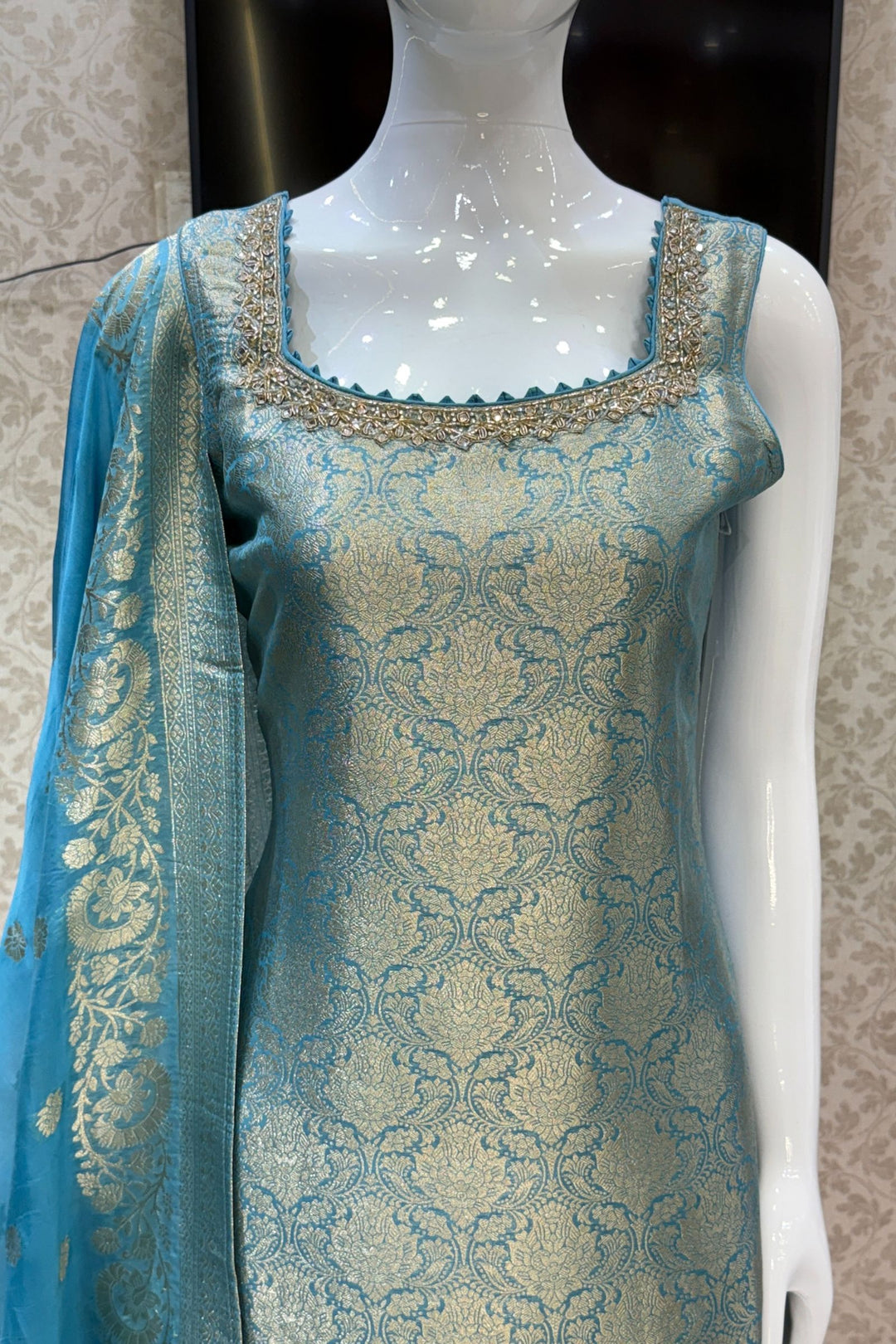 Sea Blue Beads, Mirror, Stone, Banaras and Brocade work Straight Cut Salwar Suit