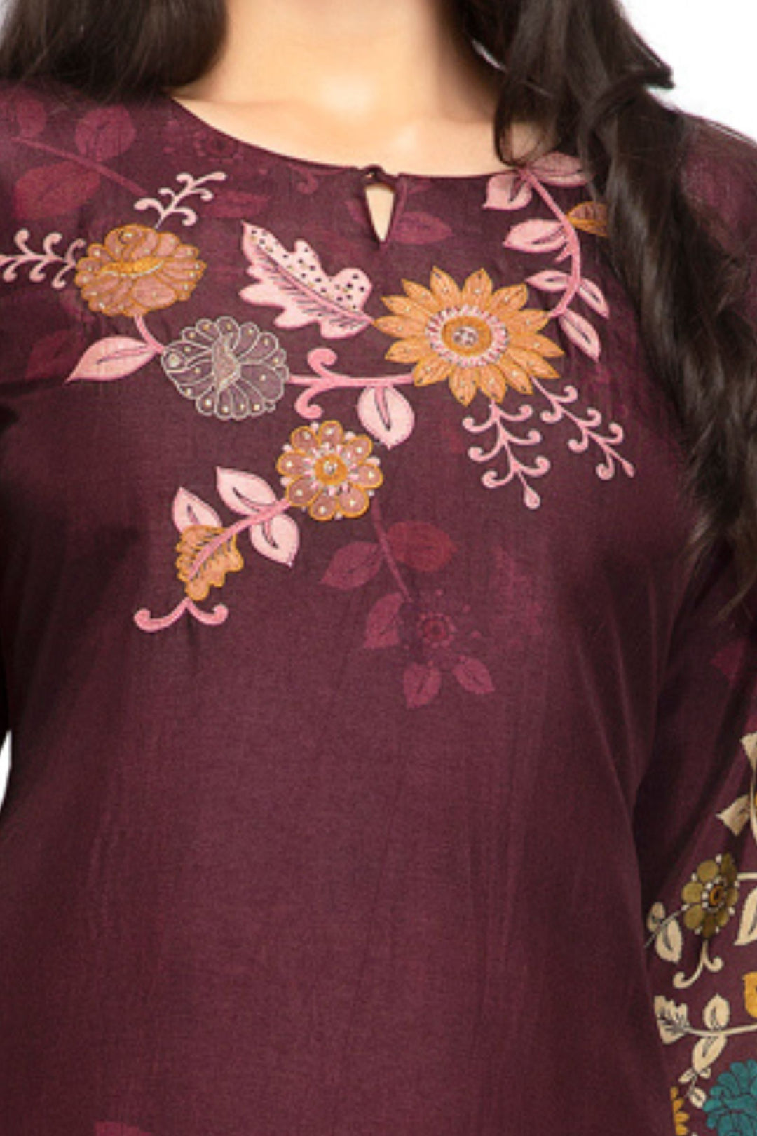 Wine Embroidery, Stone and Zari work with Floral Print Calf Length Kurti