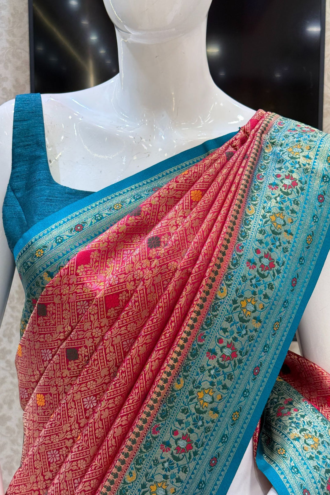 Rani Pink with Rama Blue Banaras work Saree