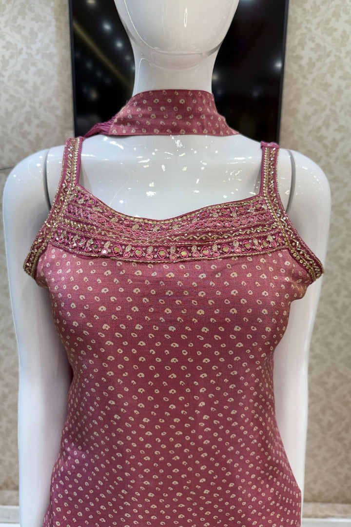 Onion Pink Sequins, Beads, Stone and Zari work with Bandini Print Palazzo Salwar Suit