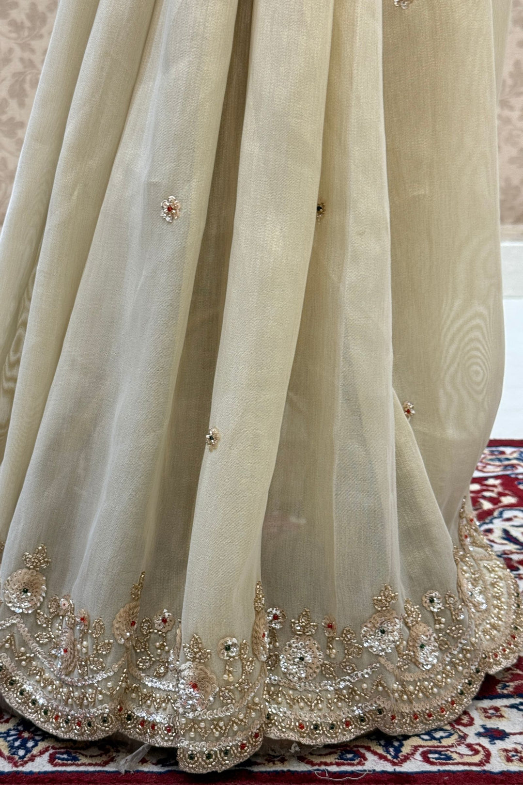 Beige Saree with Intricate Pearl, Sequins and Beads work