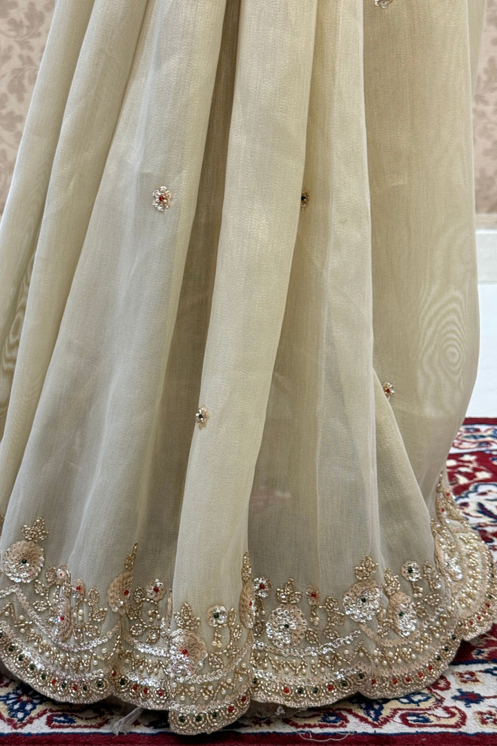 Beige Saree with Intricate Pearl, Sequins and Beads work