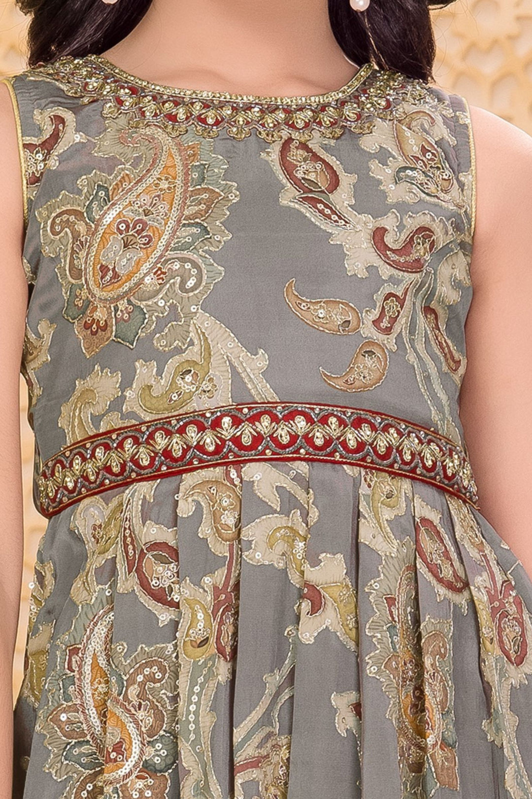 Grey with Maroon Zari, Sequins and Beads work with Digital Print Palazzo Suit Set for Girls