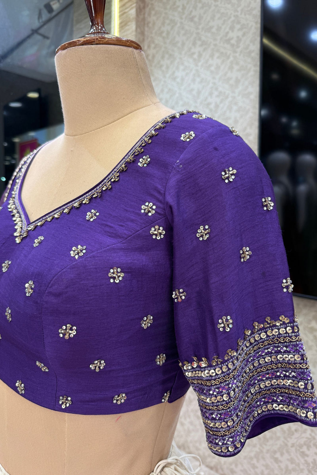 Designer Floral Banarasi Lehenga Set in Purple and Cream
