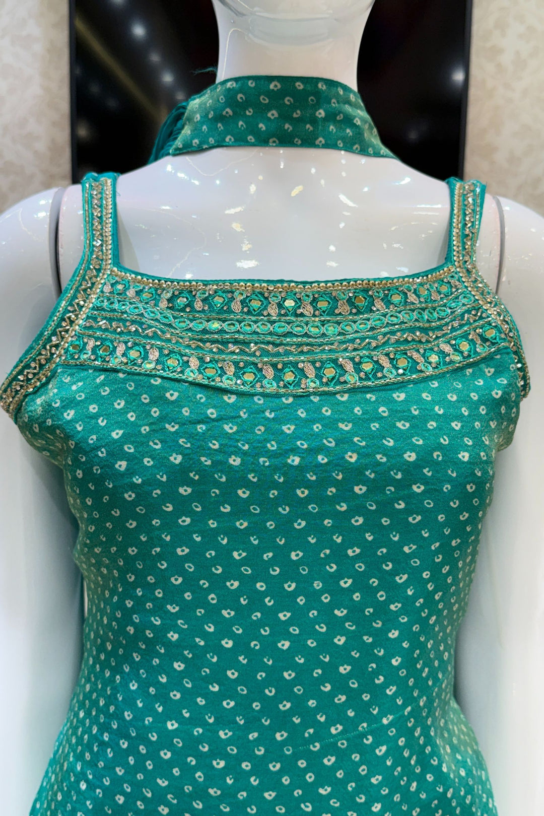 Rama Green Sequins, Beads, Stone and Zari work with Bandini Print Palazzo Salwar Suit