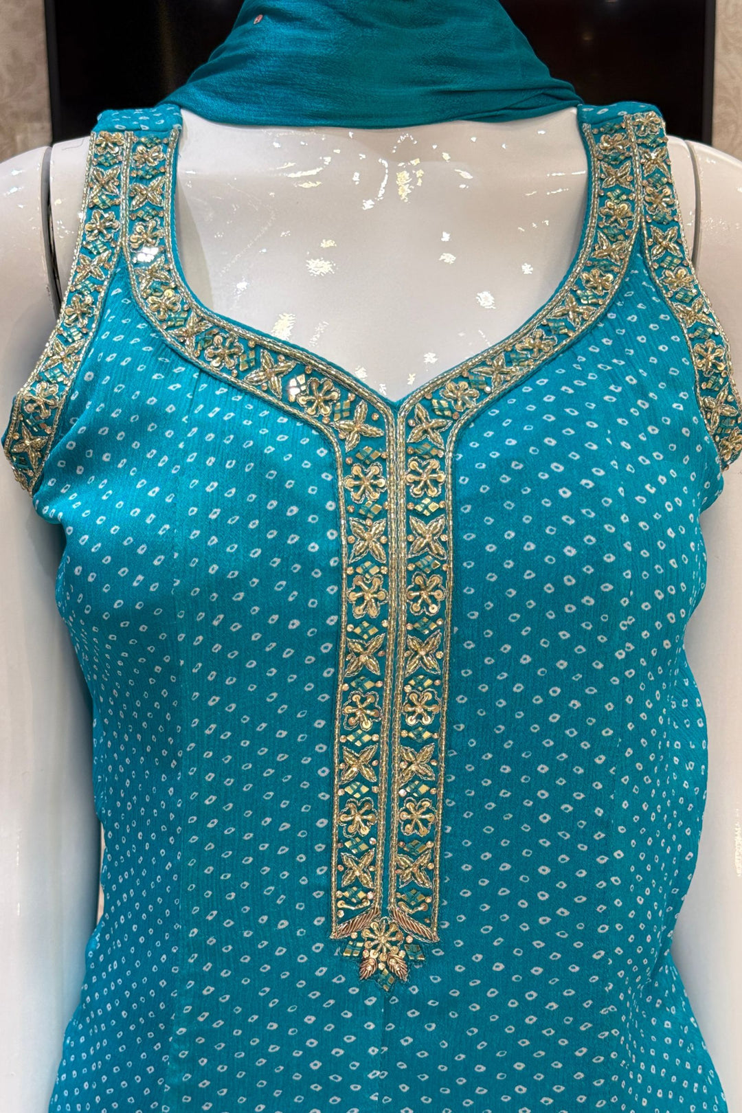 Rama Blue with Bandini Print Anarkali Style Salwar Suit with Palazzo Pant