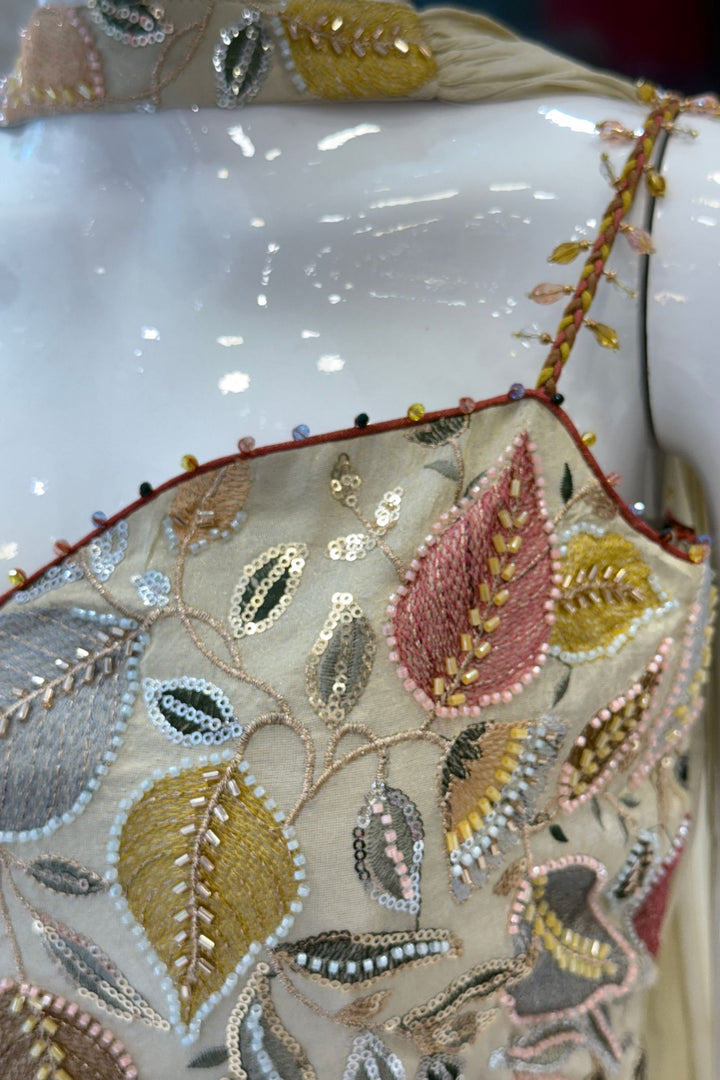 Cream Set Featuring All-Over Multicolour Thread and Bead Leaf Embroidery