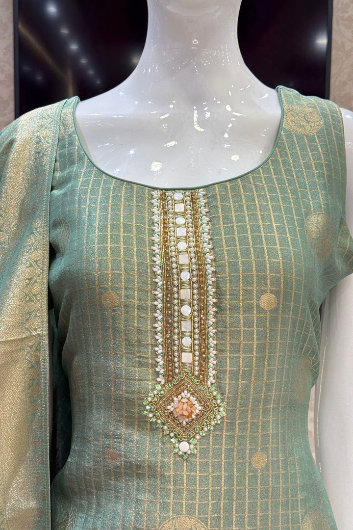 Sea Green Banaras, Beads, Pearl, Zardozi, Thread and Mirror work Straight Cut Salwar Suit