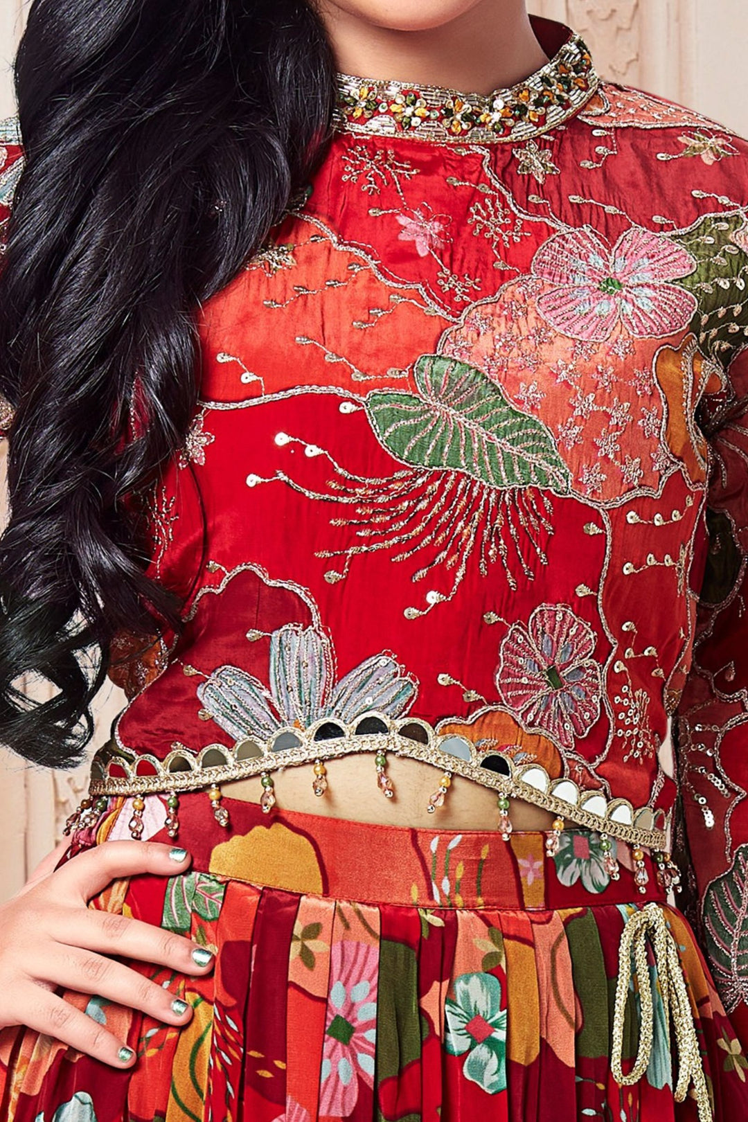 Red Sequins, Zari, Beads and Mirror work with Floral Print Lehenga Choli for Girls