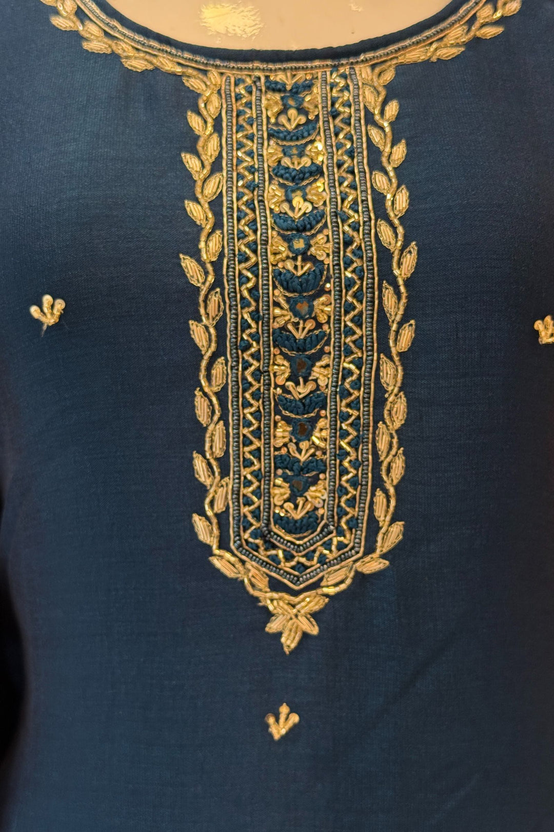 Peacock Blue Zardozi, Beads, Sequins, Thread and Zari work Aline Cut Salwar Suit