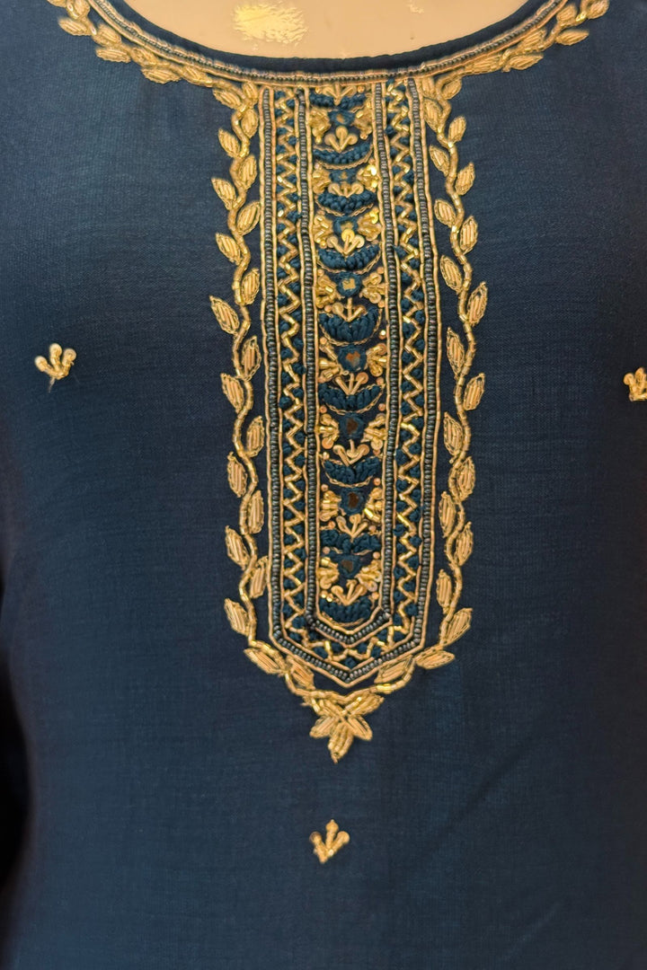 Peacock Blue Zardozi, Beads, Sequins, Thread and Zari work Aline Cut Salwar Suit