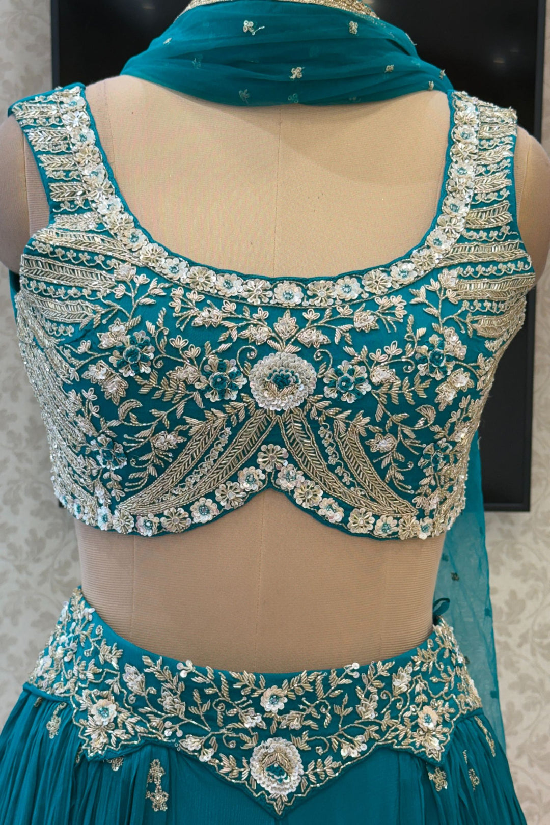 Rama Blue Sequins, Beads, Mirror, Zardozi and Zari work Crop Top Lehenga