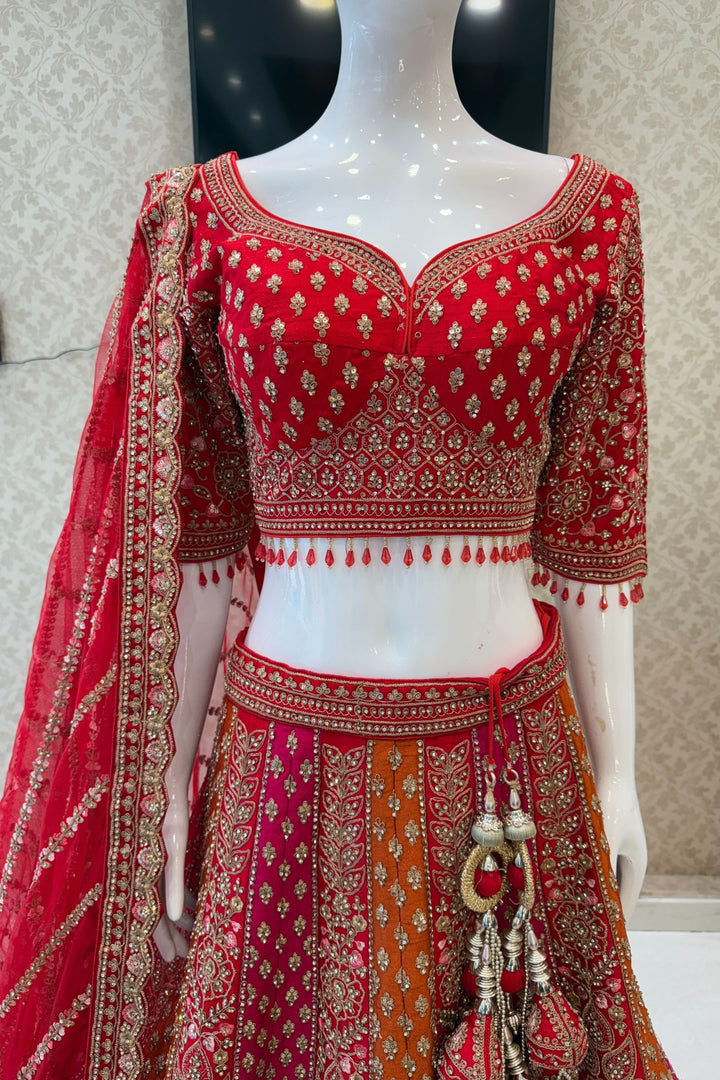 Red Zari, Stone and Embroidery work Crop Top Designer Bridal Multicolor Lehenga