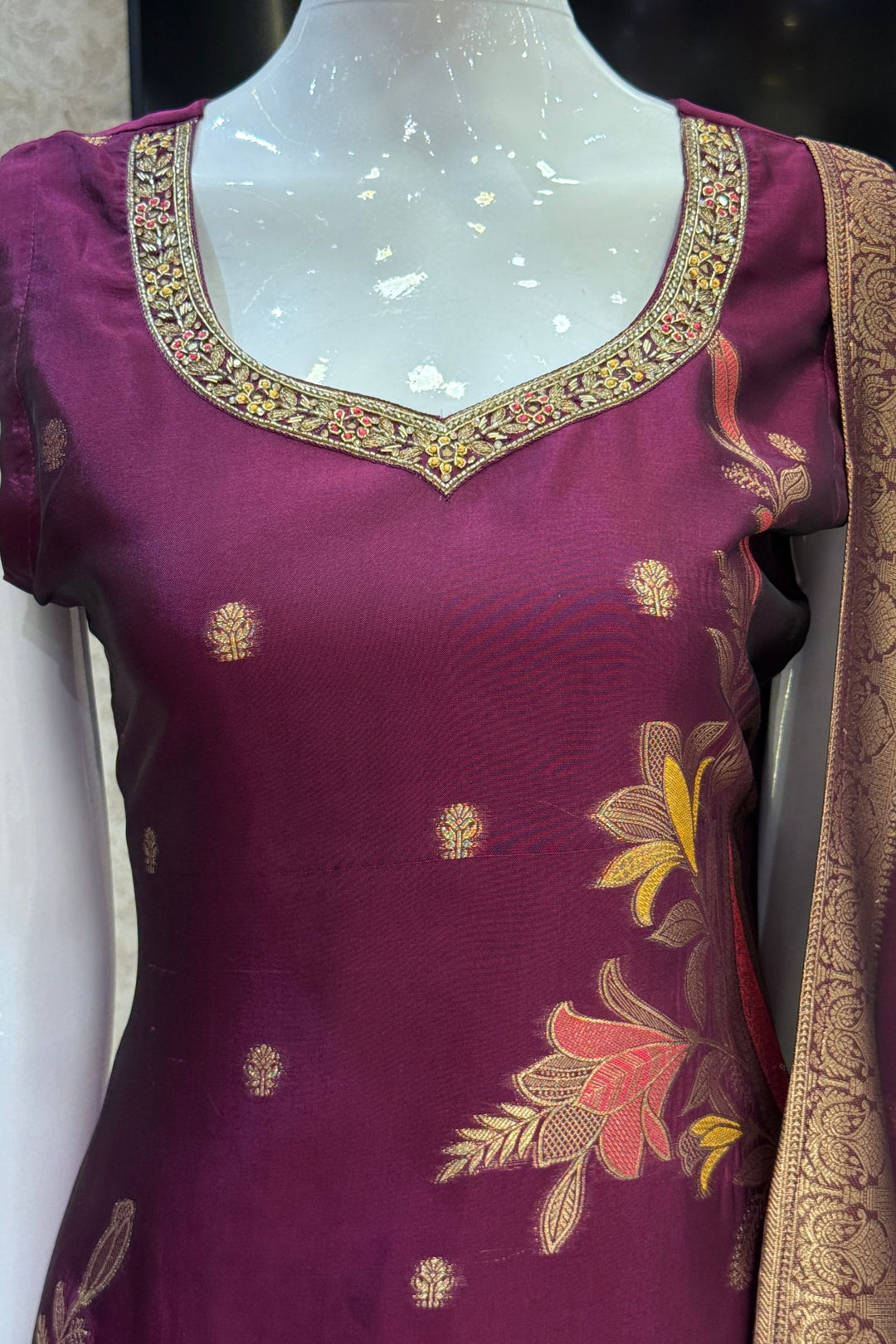 Wine Banaras, Zardozi, Beads, Zari, Stone and Mirror work Straight Cut Salwar Suit