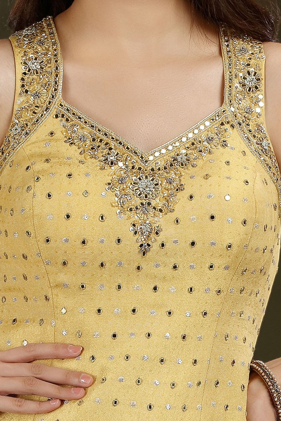 Golden Yellow with Grey Mirror, Sequins, Zari, beads and Banaras work Palazzo Salwar Suit