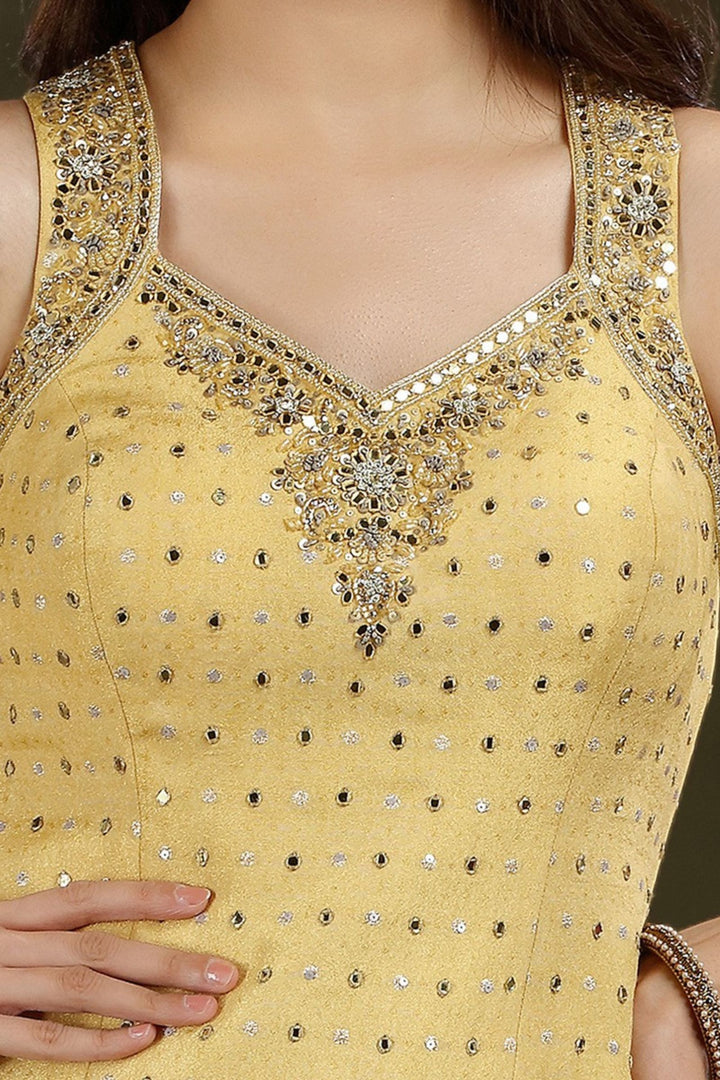 Golden Yellow with Grey Mirror, Sequins, Zari, beads and Banaras work Palazzo Salwar Suit