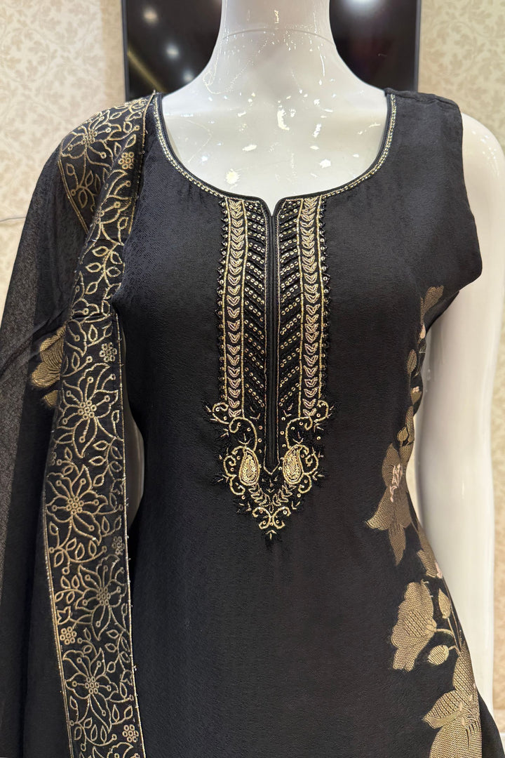 Black Jacquard, Zari, Sequins, Beads and Zardozi work Straight Cut Salwar Suit