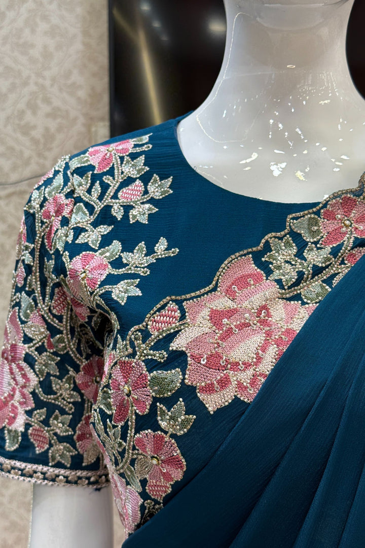 Peacock Green Embroidery, Sequins, Pearl and Zari work Saree