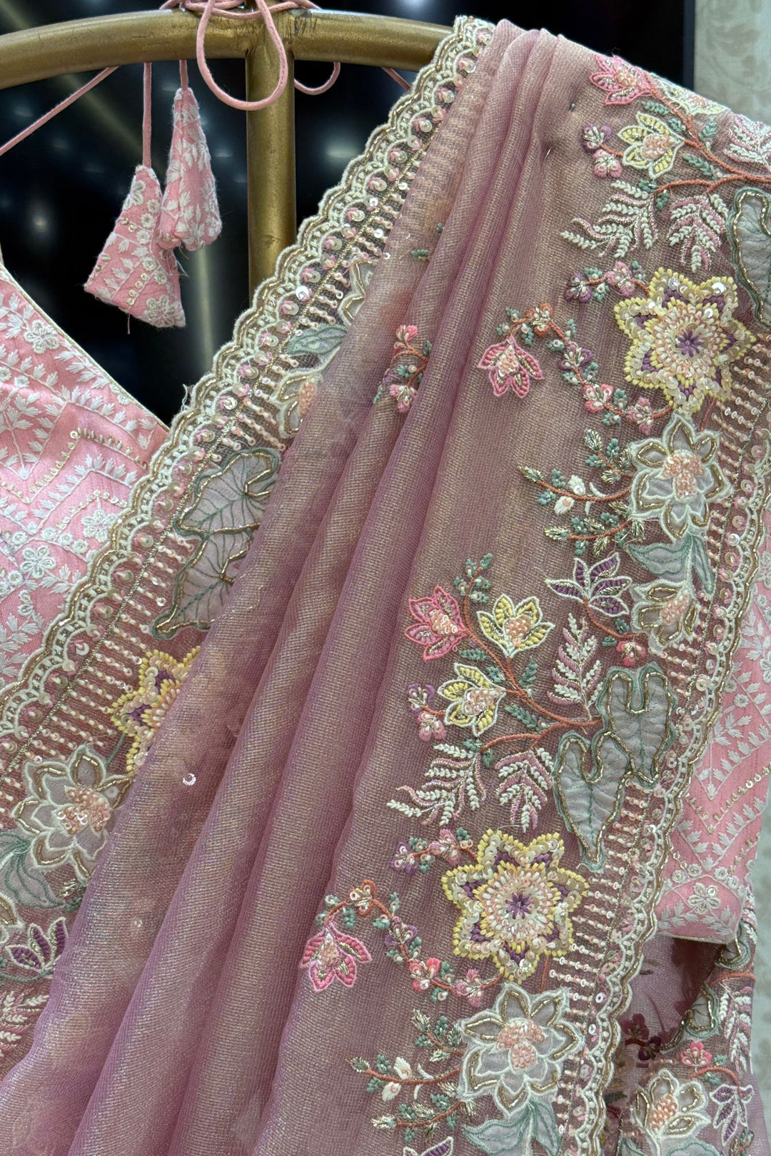 Dusty Pink Saree with Intricate Sequins, Thread, Zari and Beads work