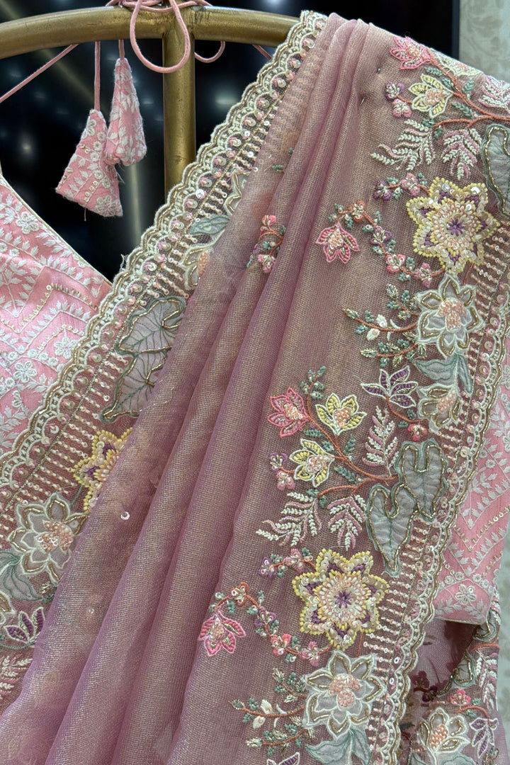 Dusty Pink Saree with Intricate Sequins, Thread, Zari and Beads work