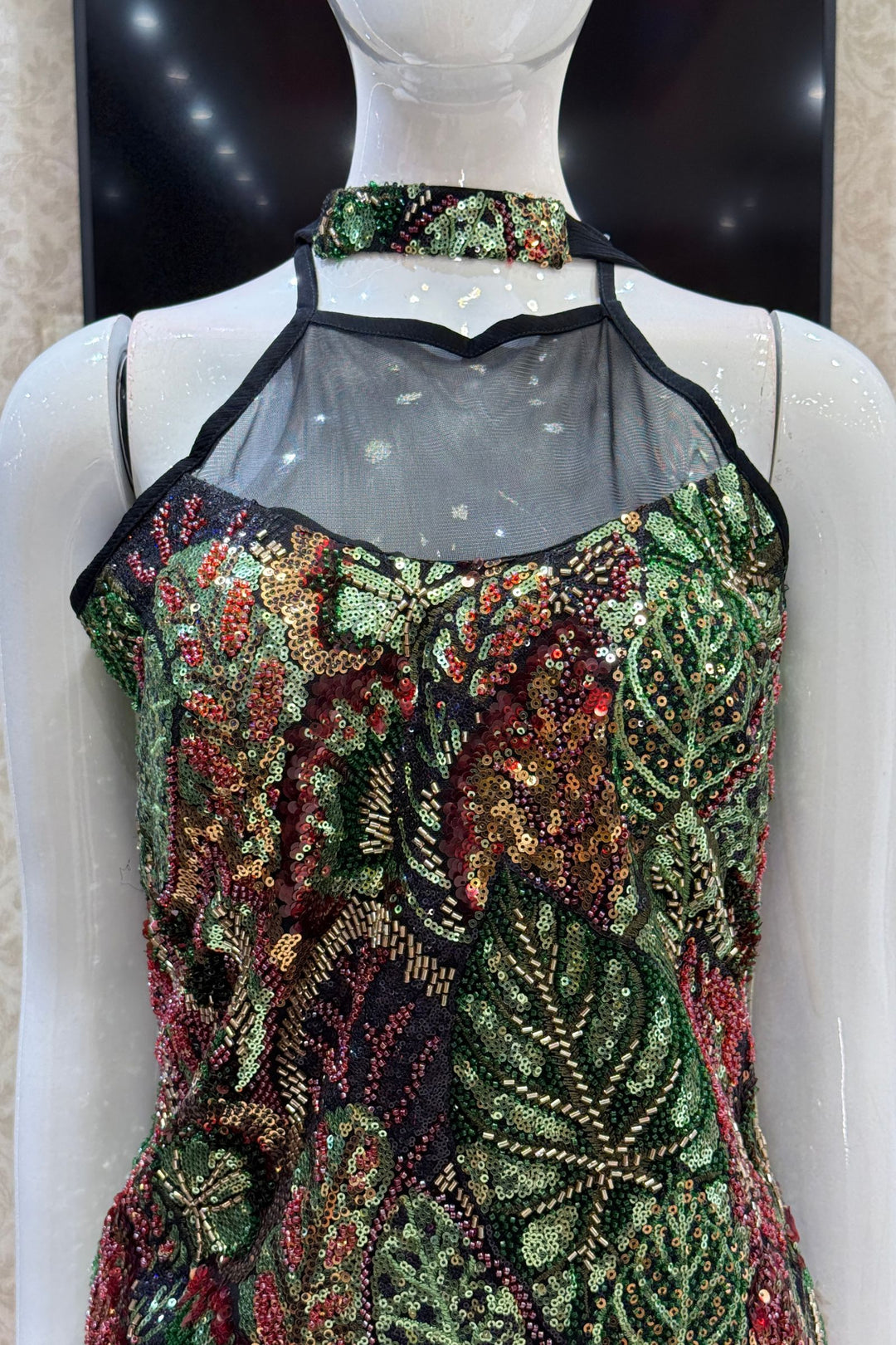 Black Halter Neck Palazzo Salwar Suit with Beads and Sequins Detailing