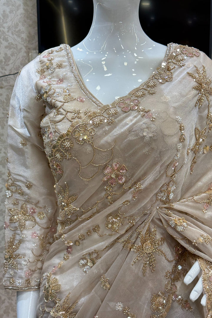Light Beige Sequins, Beads, Zari and Pearls work Saree