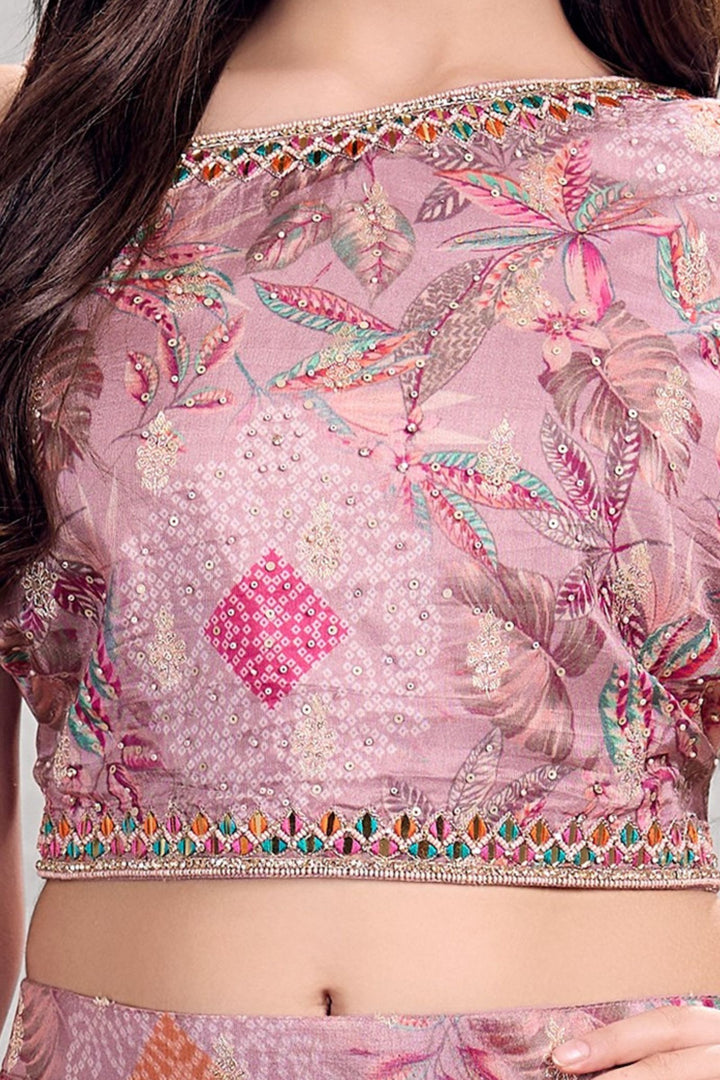 Lilac Mirror, Sequins and Zari work with Multicolor Digital Print Lehenga Choli for Girls