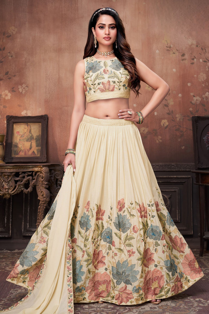 Cream Multicolor Thread, Beads, Zari Thread and Sequins work Crop Top Lehenga