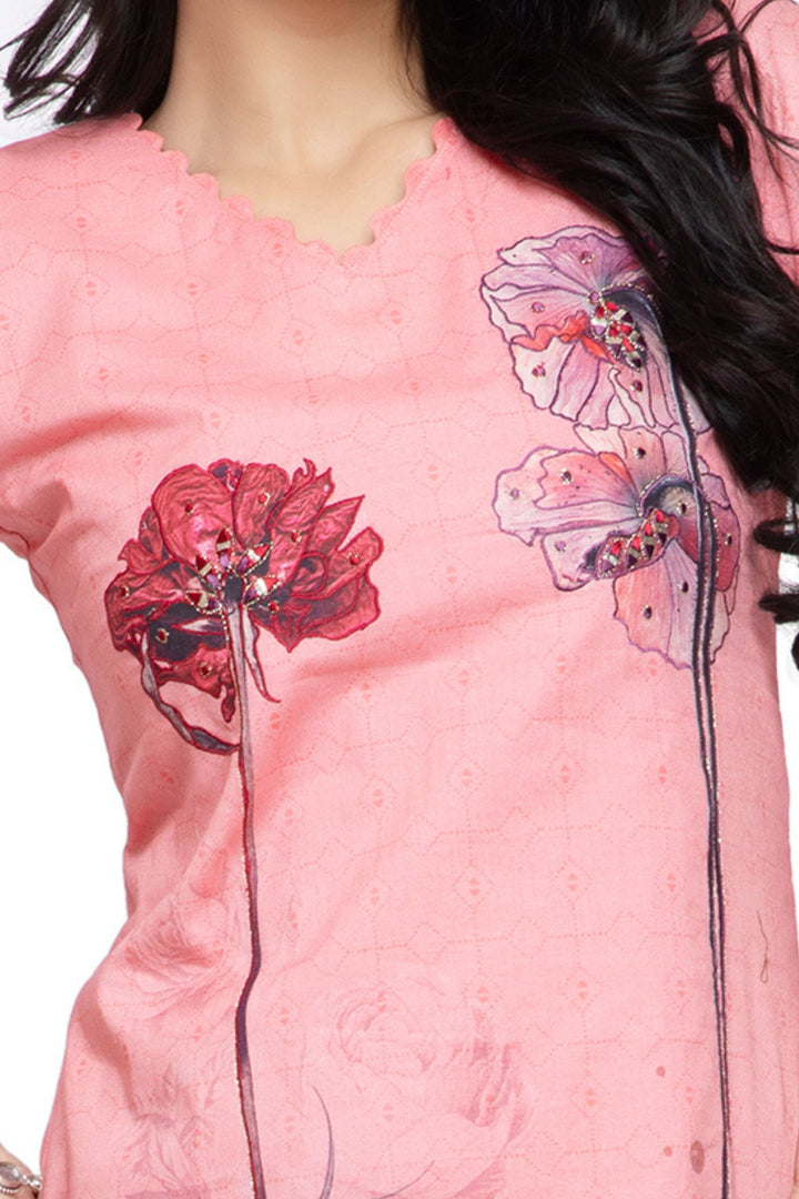 Peach Thread work with Printed Calf Length Kurti