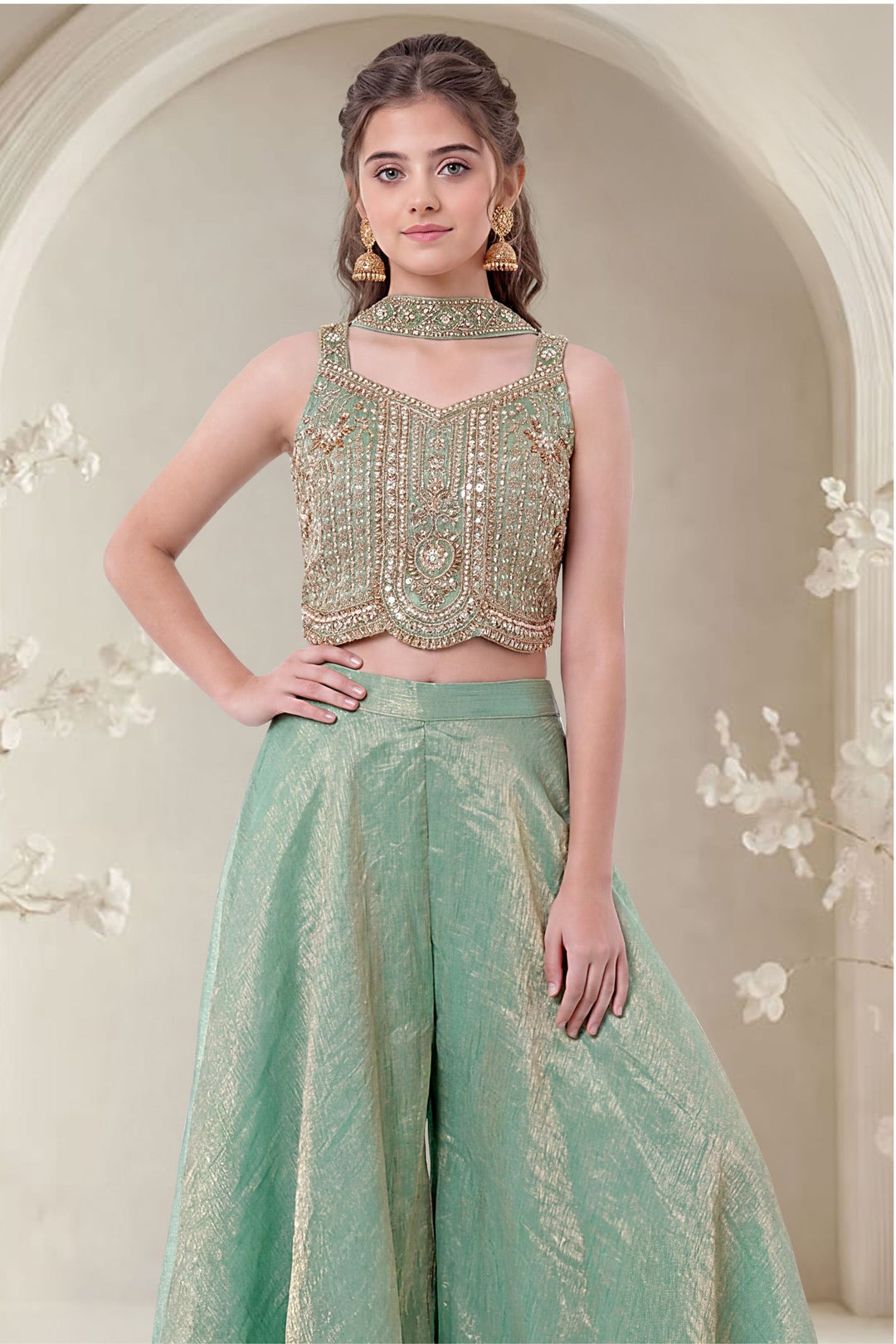 Sea Green Zari, Beads and Sequins work Palazzo Suit Set for Girls