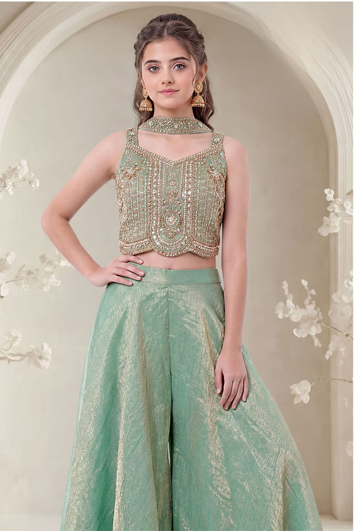 Sea Green Zari, Beads and Sequins work Palazzo Suit Set for Girls