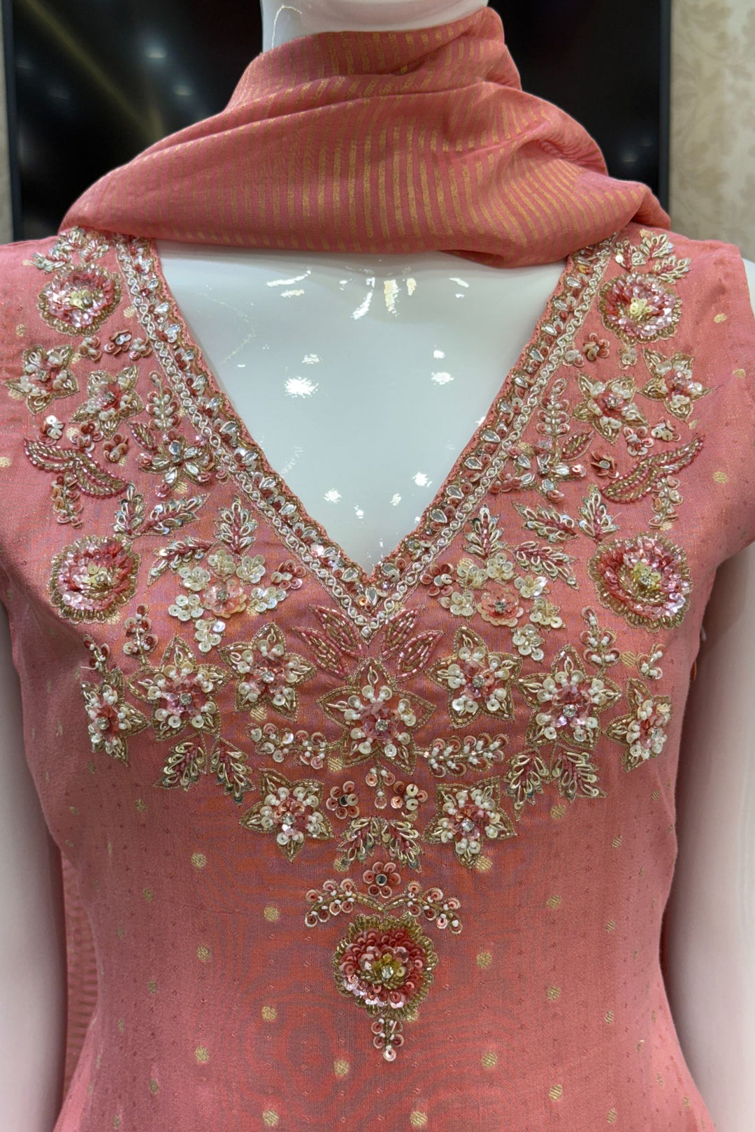 Peach Banaras Zari, Beads, Sequins, Mirror, Stone and Zardozi work Palazzo Salwar Suit