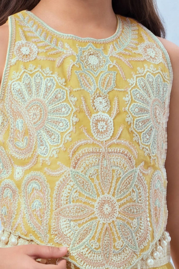 Yellow Beads and Sequins work Palazzo Suit Set for Girls