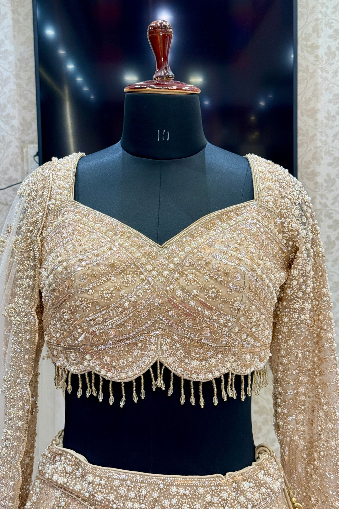 Beige Bridal Lehenga with Intricate Beads, Pearl and Sequins Work