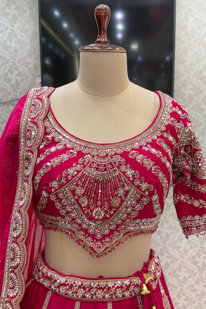 Rani Pink Zari, Sequins, Beads and Zardozi work Crop Top Designer Bridal Lehenga with Belt