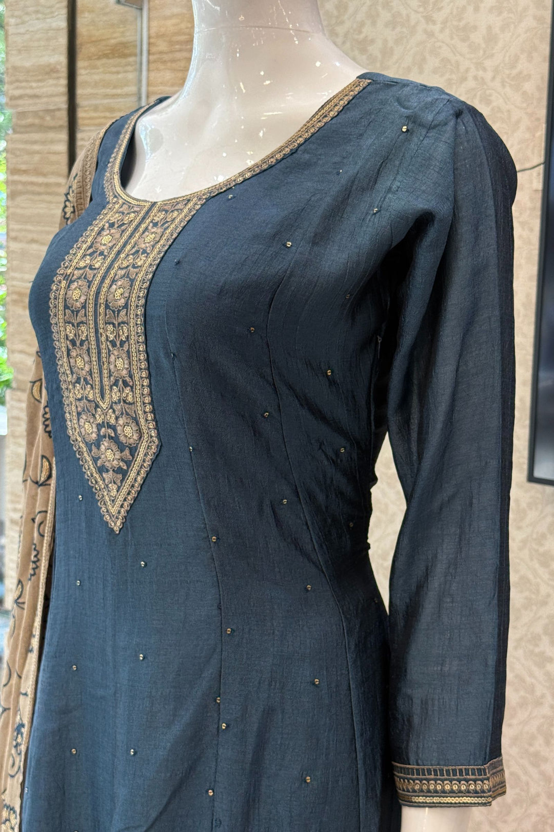 Teal Blue Embroidery and Sequins work A-line Cut Salwar Suit