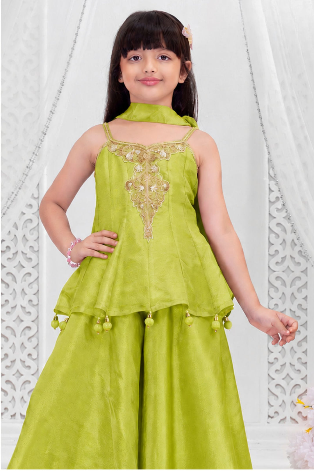 Girls Lemon Green Zardozi, Beads and Zari work Peplum Palazzo Set