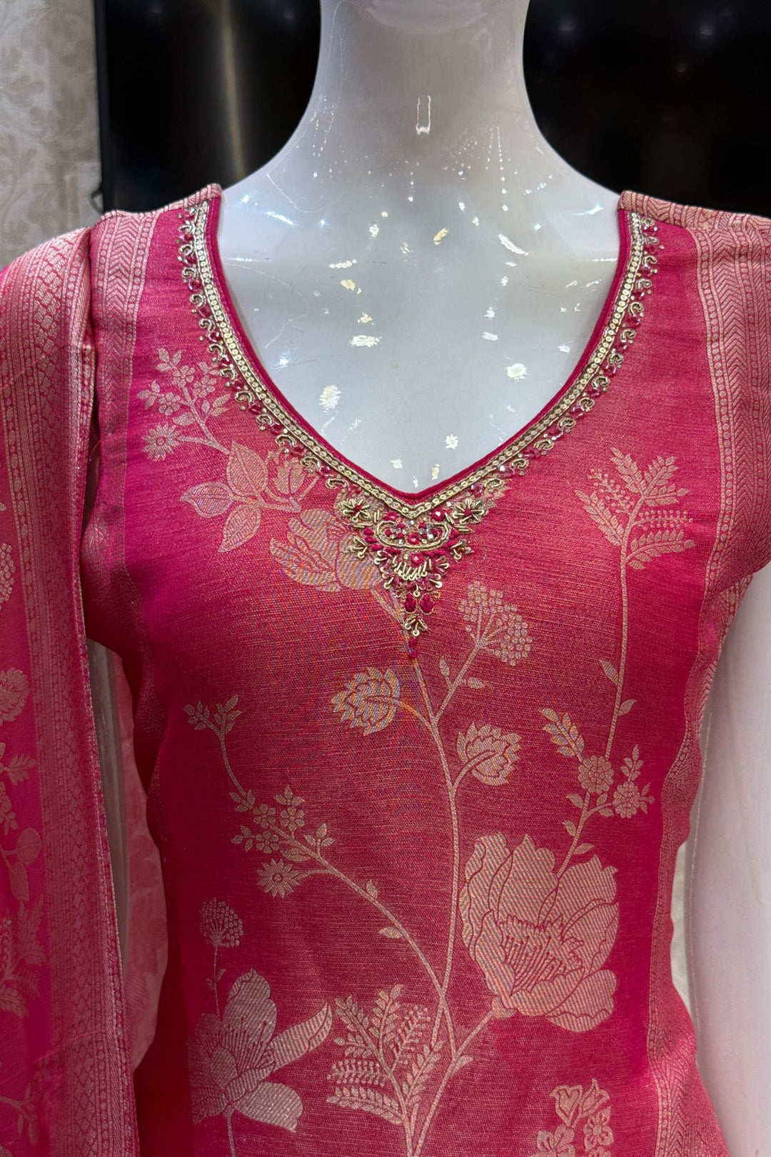 Rani Pink Brocade, Zardozi, Beads, Thread, Stone and Zari work Straight Cut Salwar Suit