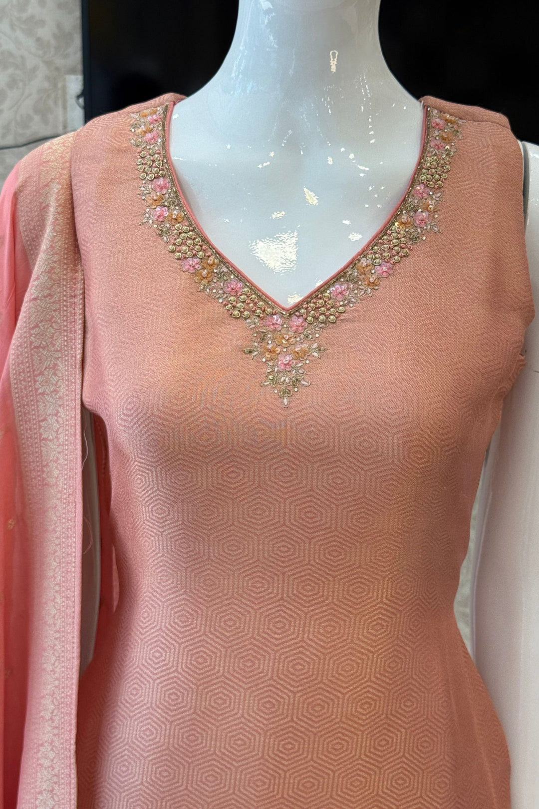 Peach Zardozi, Sequins, Stone, Zari, Banaras and Beads work Straight Cut Salwar Suit