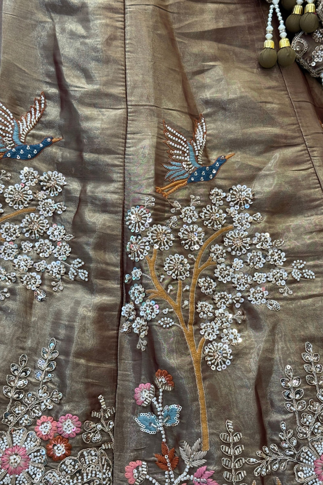 Bridal Organza Lehenga with Hand-Embroidered Birds and Floral Forest Motifs