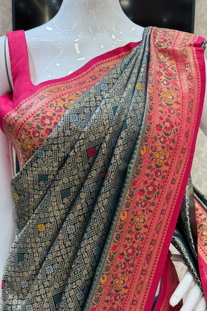 Peacock Blue with Rani Pink Banaras work Saree