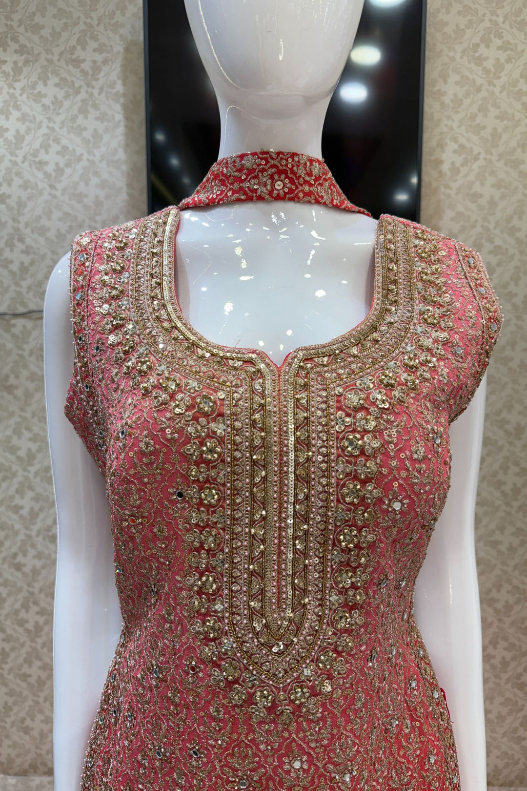 Peach with Pink Mirror, Zari, Sequins and Beads work Palazzo Salwar Suit