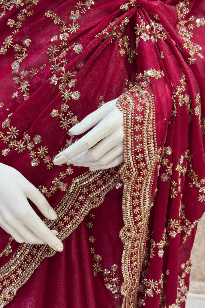 Magenta Beads, Zari and Sequins work Saree
