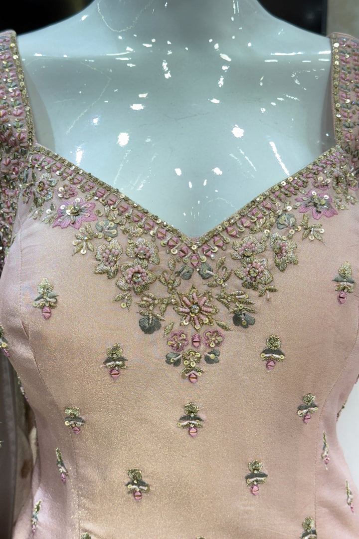 Baby Pink with Grey Mirror, Sequins, Beads, Zari, Stone and Banaras work Palazzo Salwar Suit
