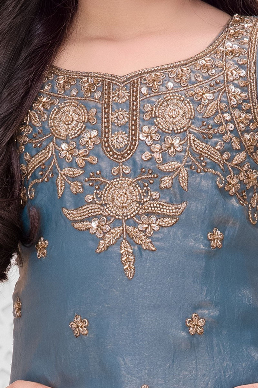 Greyish Blue Beads, Zari and Sequins work Palazzo Suit Set for Girls